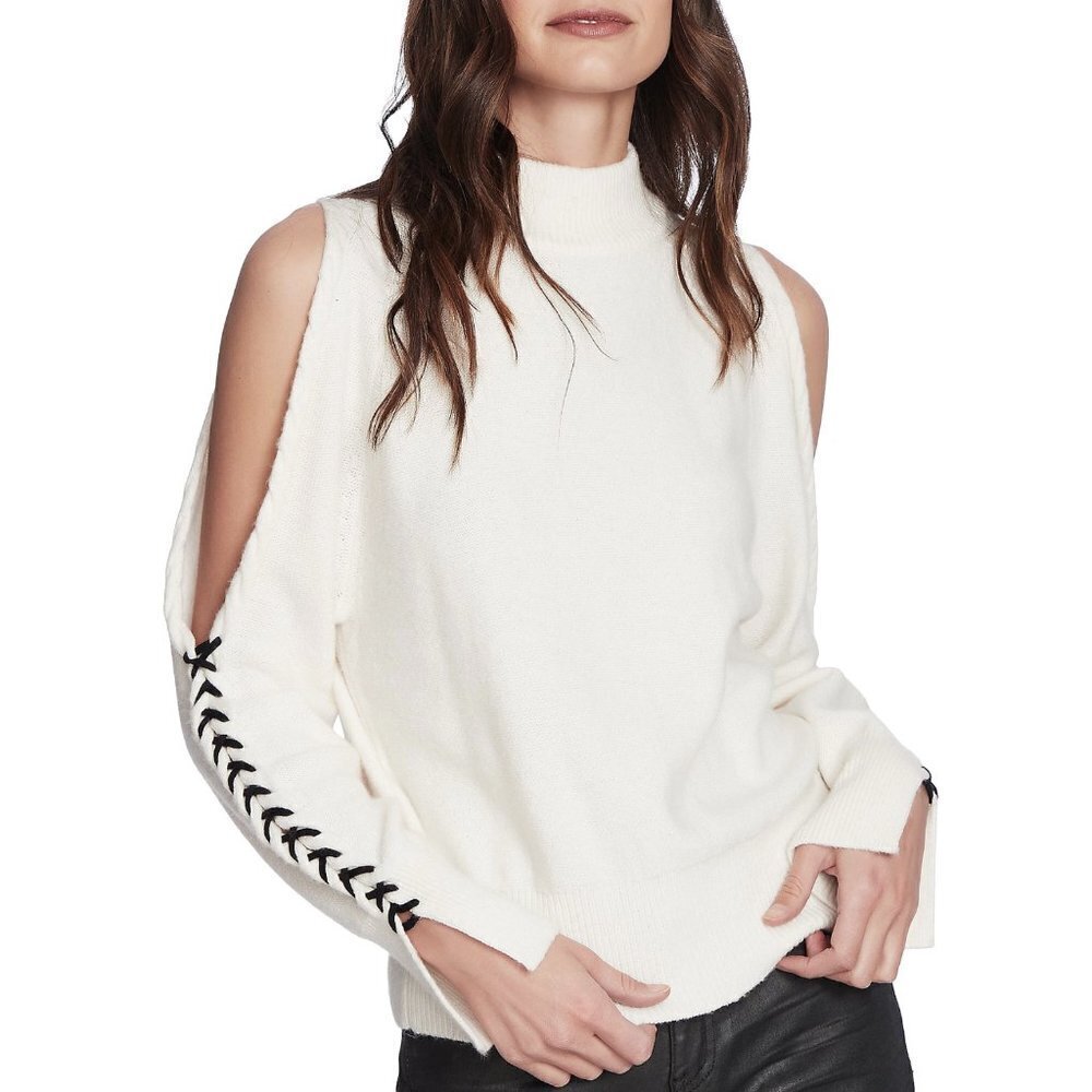 1. State Mock Neck Cold Shoulder Sweater w/ Black Lace Up Stitching Sleeves NWT